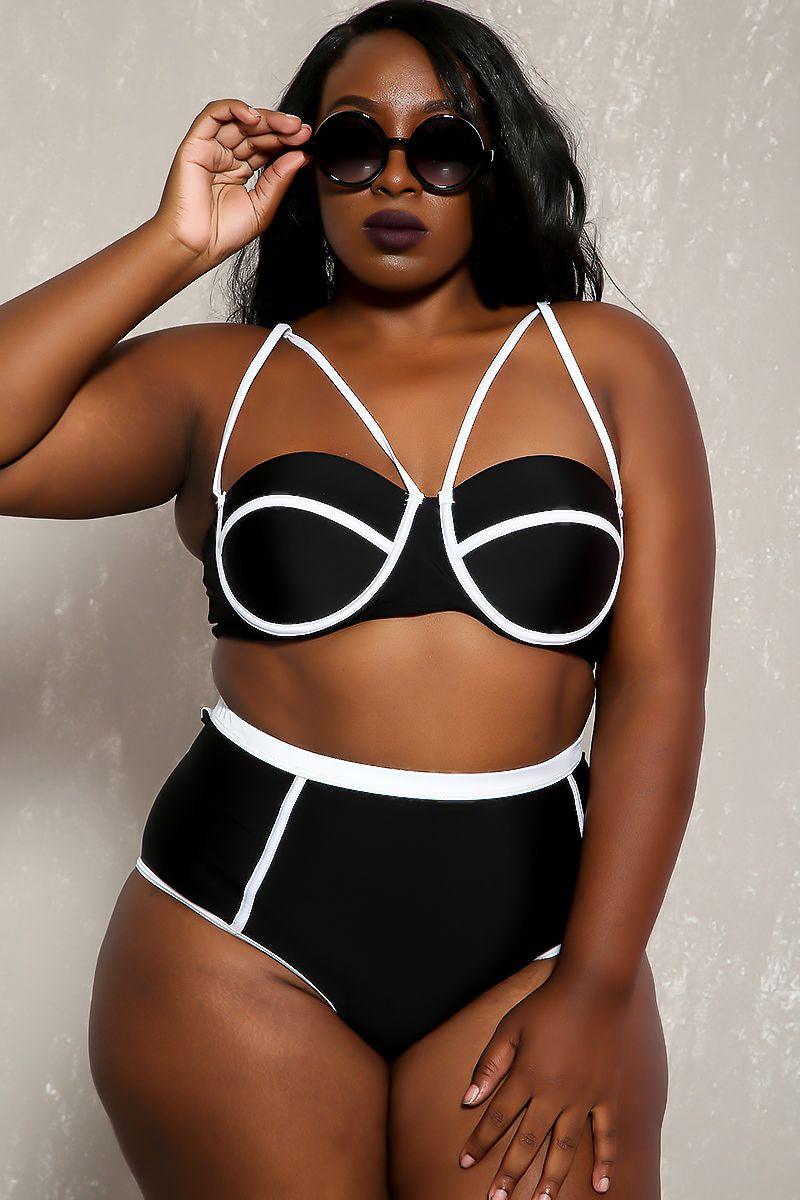Black White Strappy High Waist 2 Piece Plus Size Swimsuit - AMIClubwear