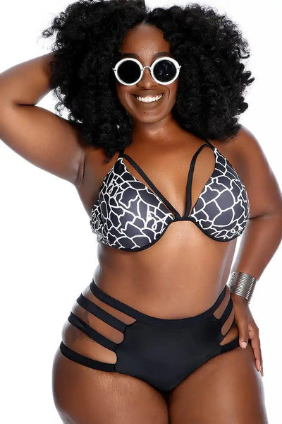 Black White Strappy High Waisted Two Piece Swimsuit Plus - AMIClubwear