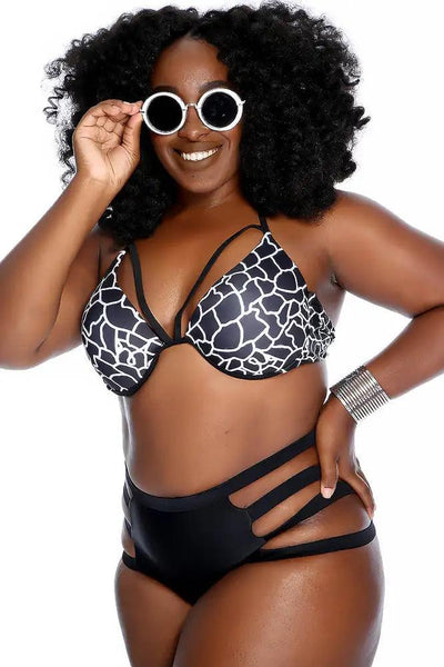 Black White Strappy High Waisted Two Piece Swimsuit Plus - AMIClubwear