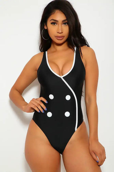 Black White Stripe Button One Piece Swimsuit - AMIClubwear