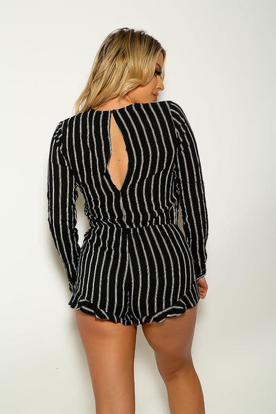 Black White Stripe Lace Up Long Sleeve Sexy Romper - AMIClubwear