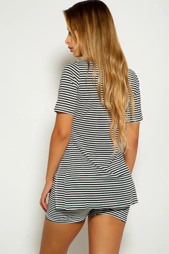 Black White Striped Short Sleeve Two Piece Outfit - AMIClubwear