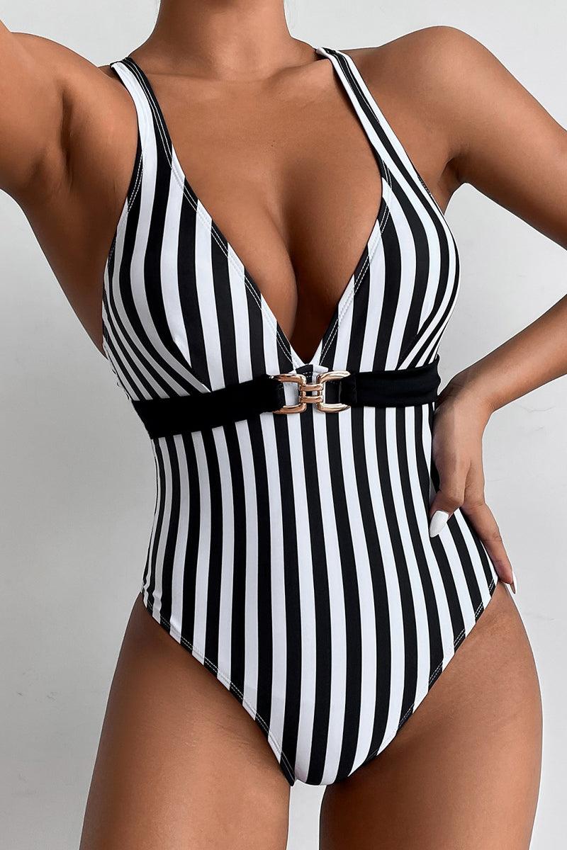 Black White Striped V Cut One Piece Swimsuit - AMIClubwear