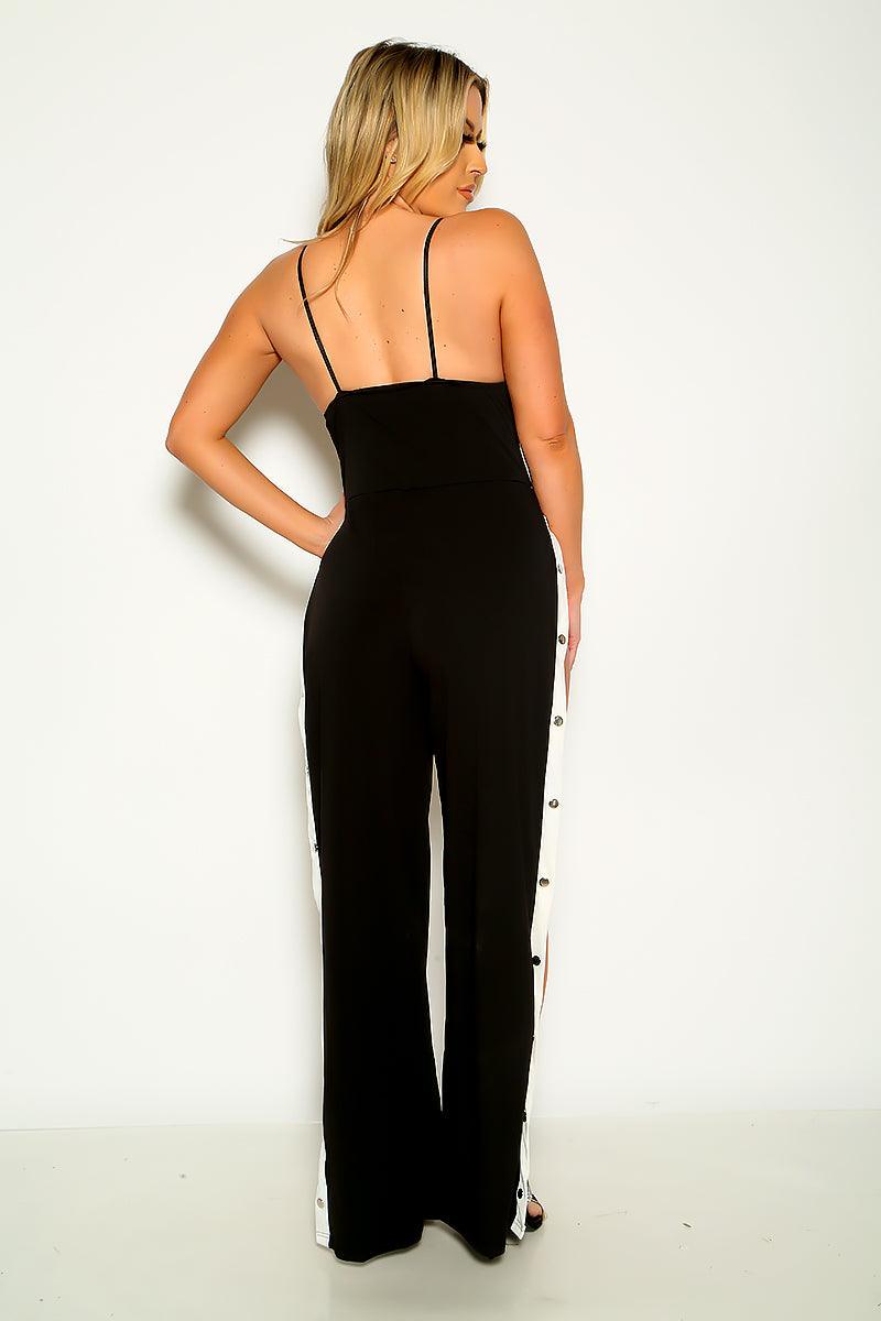 Black White Vertical Side Button Wide Leg Jumpsuit - AMIClubwear