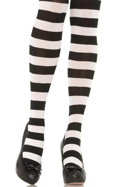 Black White Wide Stripes Tights - AMIClubwear