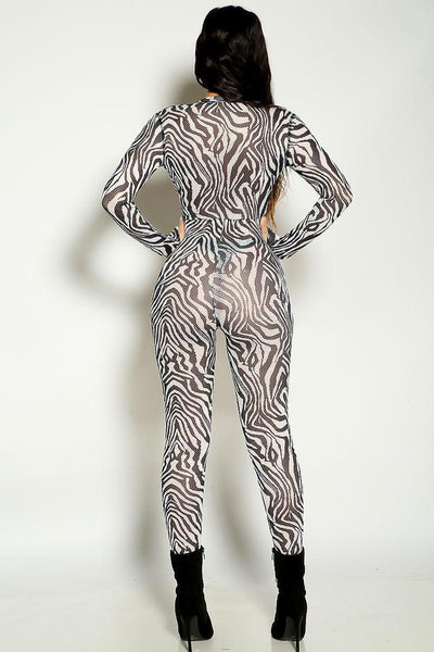 Black White Zebra Print Netted Zipper Fitted Jumpsuit - AMIClubwear