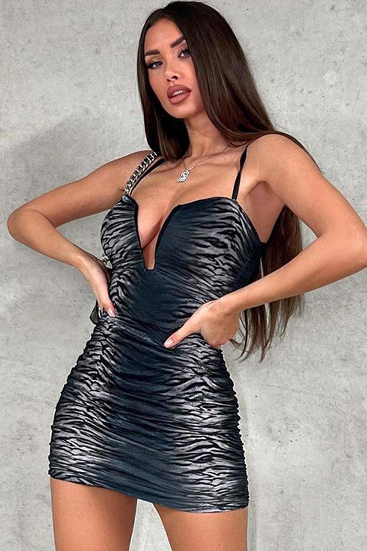 Black White Zebra Print V Underwire Sleeveless Sexy Party Dress - AMIClubwear