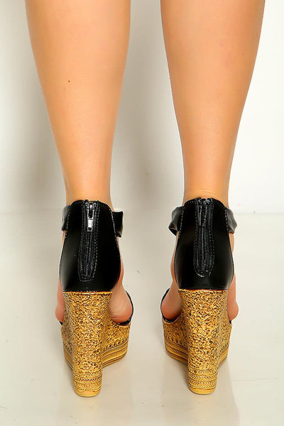 Black Wooden Pearl Open Toe Wedge Sandals - AMIClubwear