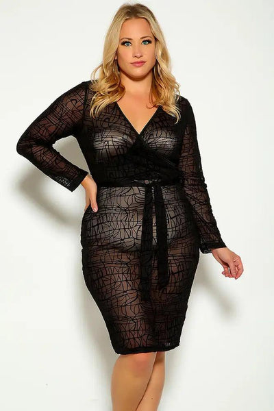 Black Wrap Plus Size Long Sleeve Belted Mesh Party Dress - AMIClubwear