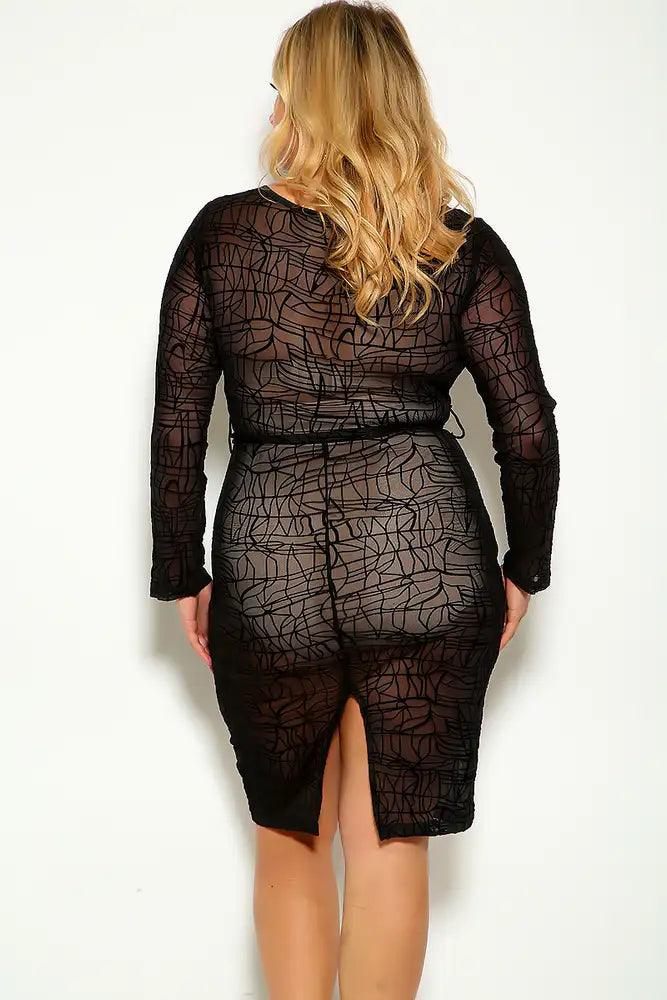 Black Wrap Plus Size Long Sleeve Belted Mesh Party Dress - AMIClubwear