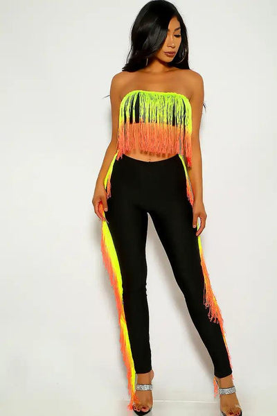 Black Yellow Fringe Two Piece Outfit - AMIClubwear