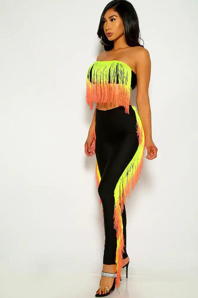 Black Yellow Fringe Two Piece Outfit - AMIClubwear