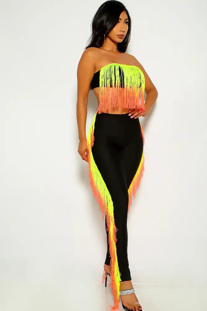 Black Yellow Fringe Two Piece Outfit - AMIClubwear