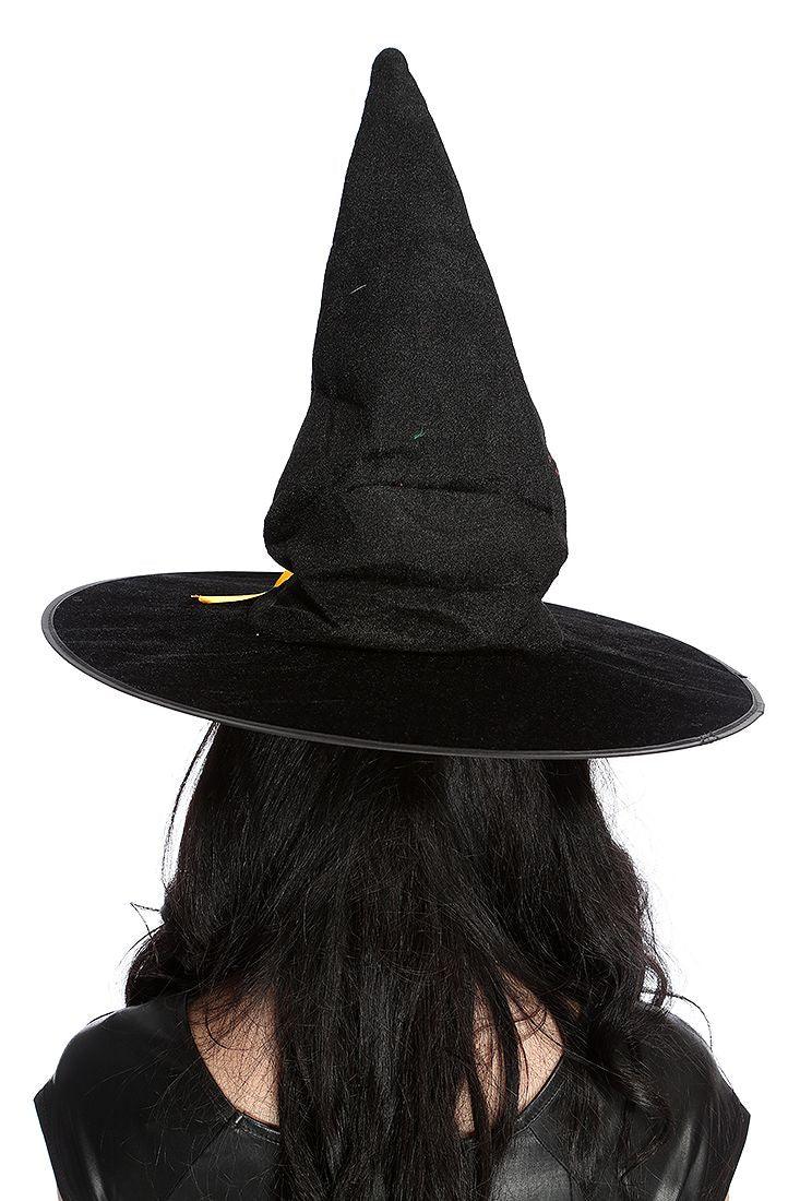 Black Yellow Lace Up Detail Velour Witch Hat - AMIClubwear