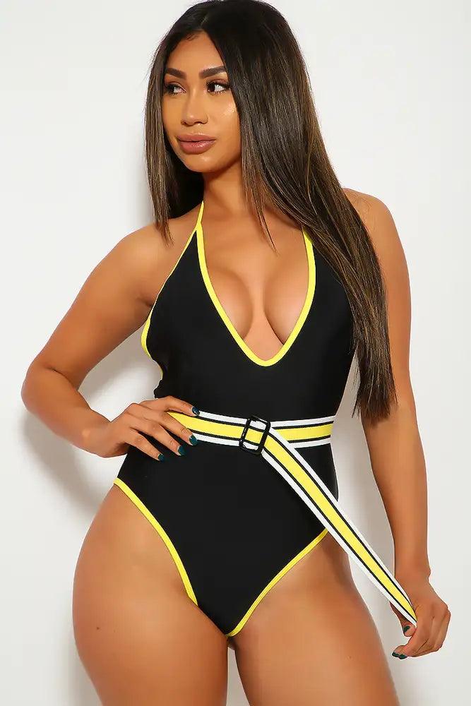 Black Yellow One Piece Plunging Swimsuit - AMIClubwear