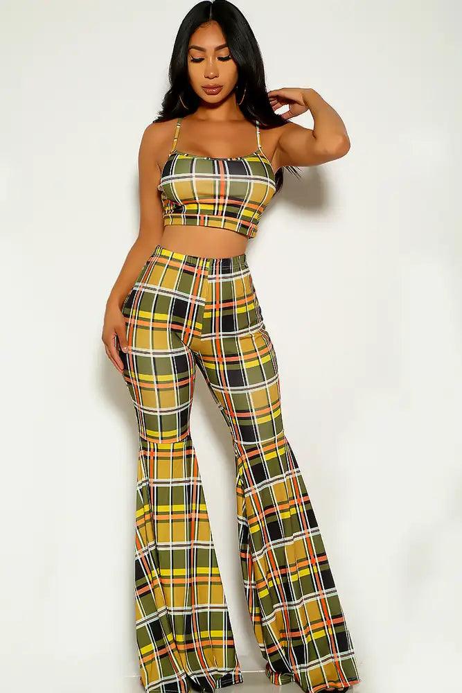 Black Yellow Plaid Flared Leg Two Piece Outfit - AMIClubwear