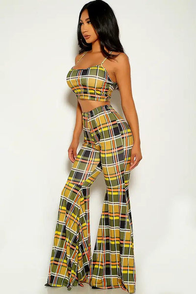 Black Yellow Plaid Flared Leg Two Piece Outfit - AMIClubwear