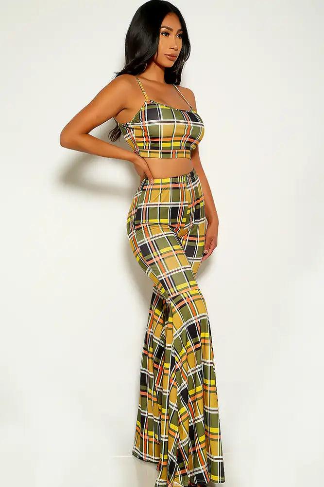 Black Yellow Plaid Flared Leg Two Piece Outfit - AMIClubwear