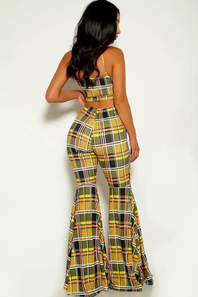 Black Yellow Plaid Flared Leg Two Piece Outfit - AMIClubwear