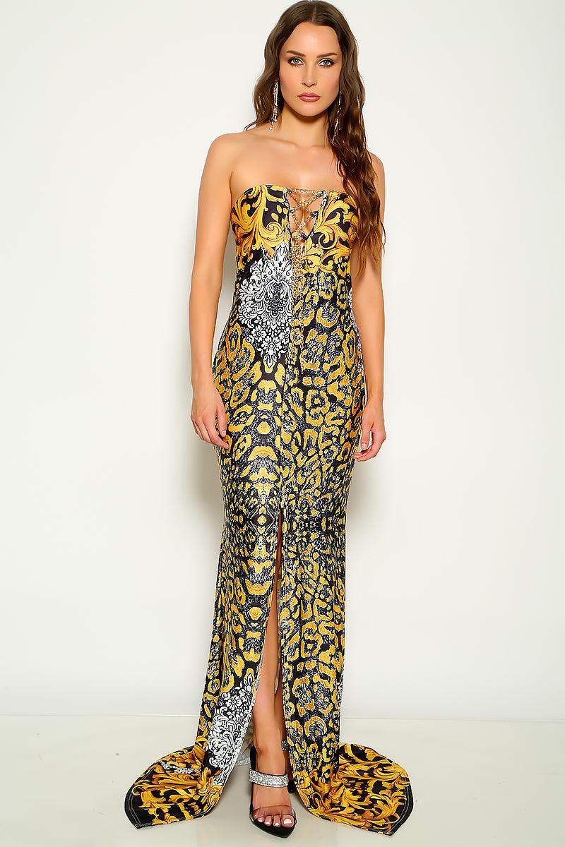 Black Yellow Strapless Chain Accent Printed Maxi Sexy Dress - AMIClubwear