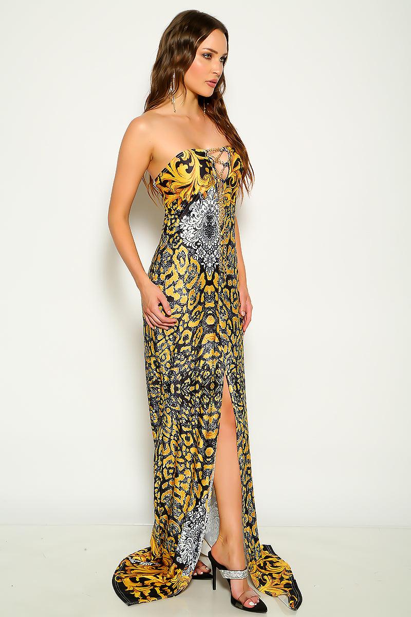 Black Yellow Strapless Chain Accent Printed Maxi Sexy Dress - AMIClubwear