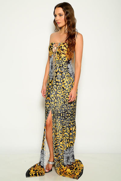 Black Yellow Strapless Chain Accent Printed Maxi Sexy Dress - AMIClubwear