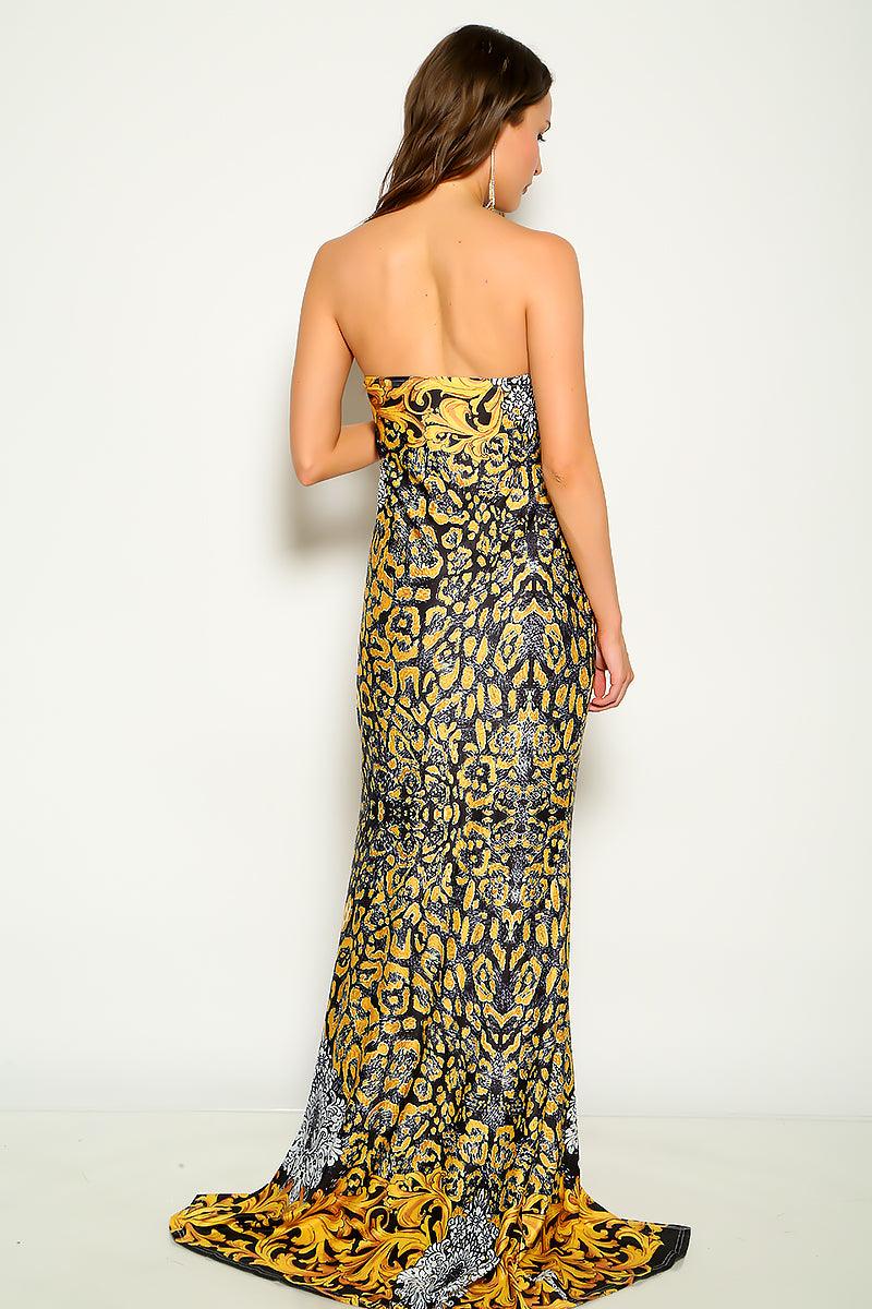 Black Yellow Strapless Chain Accent Printed Maxi Sexy Dress - AMIClubwear