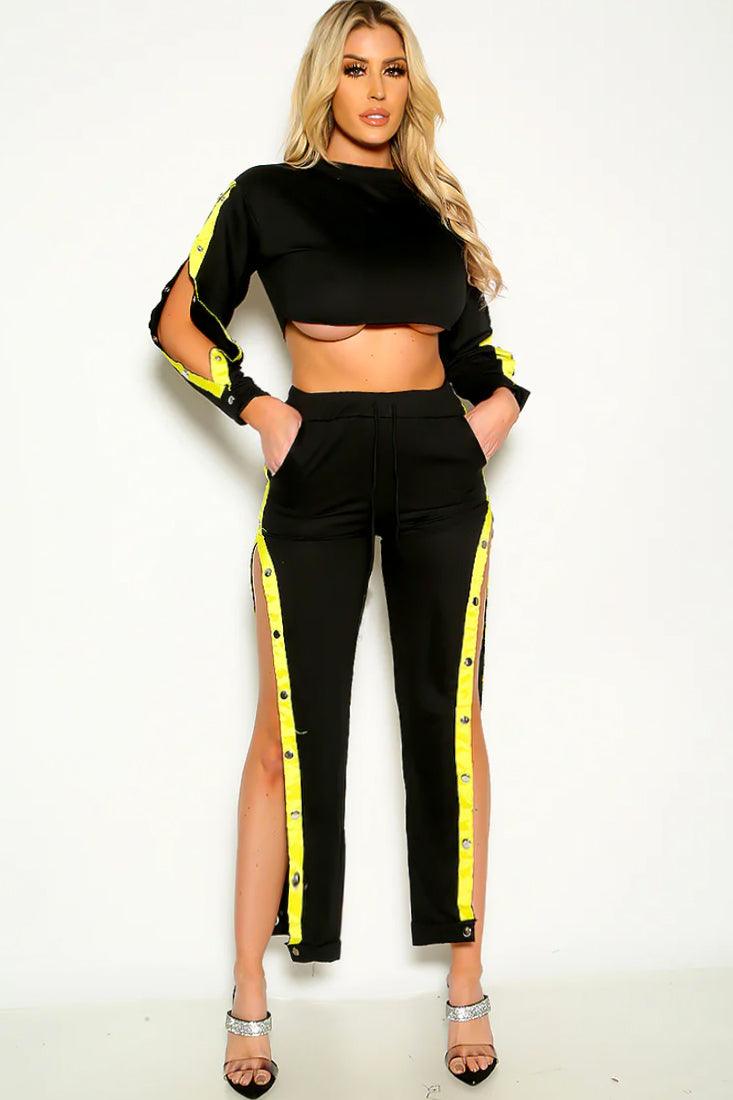 Black Yellow Vertical Striped Side Button Sporty Outfit - AMIClubwear