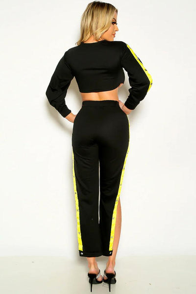 Black Yellow Vertical Striped Side Button Sporty Outfit - AMIClubwear