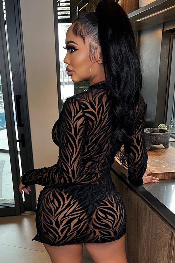 Black Zebra Print Long Sleeves Sexy Party Dress - AMIClubwear