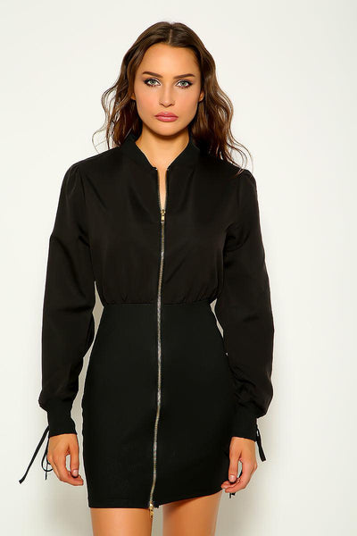 Black Zip Front Windbreaker Dress Jacket - AMIClubwear