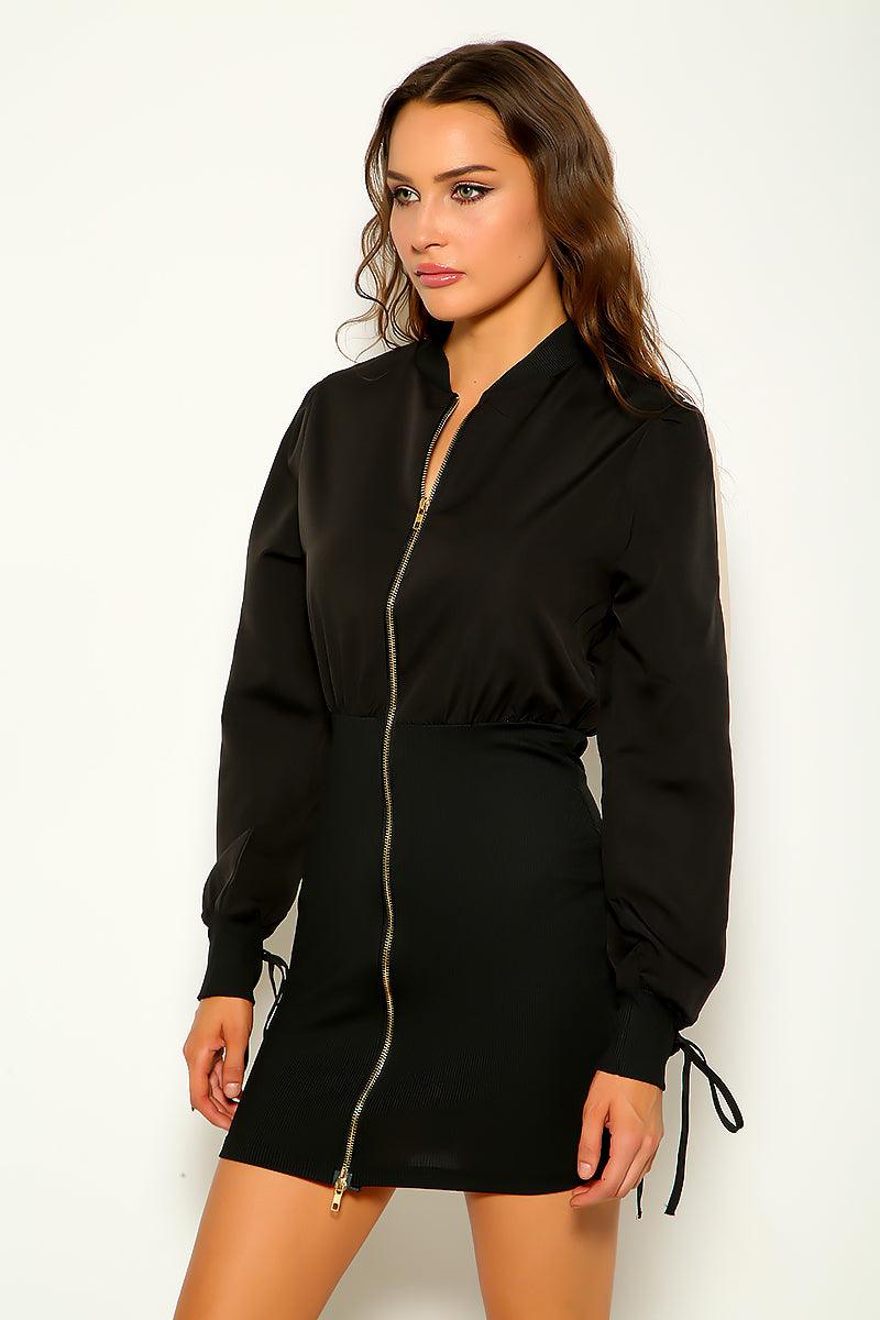Black Zip Front Windbreaker Dress Jacket - AMIClubwear