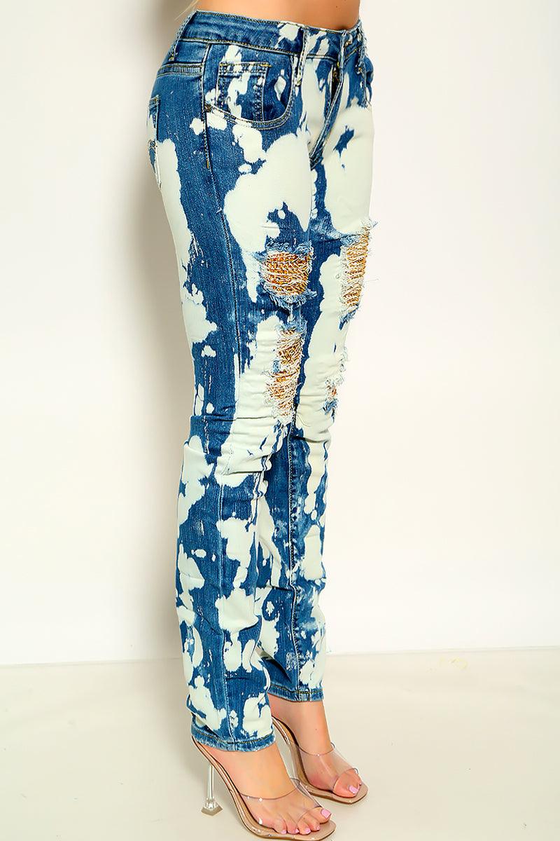 Bleach Washed Spike Studded Denim Jeans - AMIClubwear