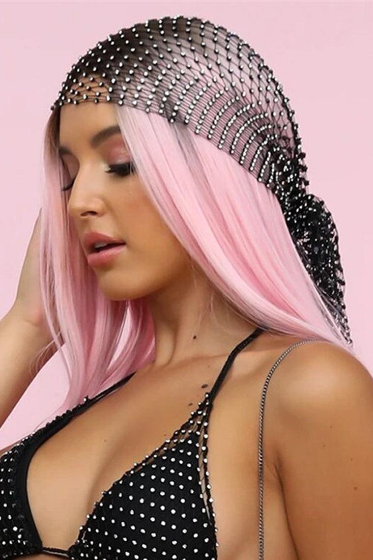 Blinged Out Black Rhinestone Mesh Headscarf - AMIClubwear