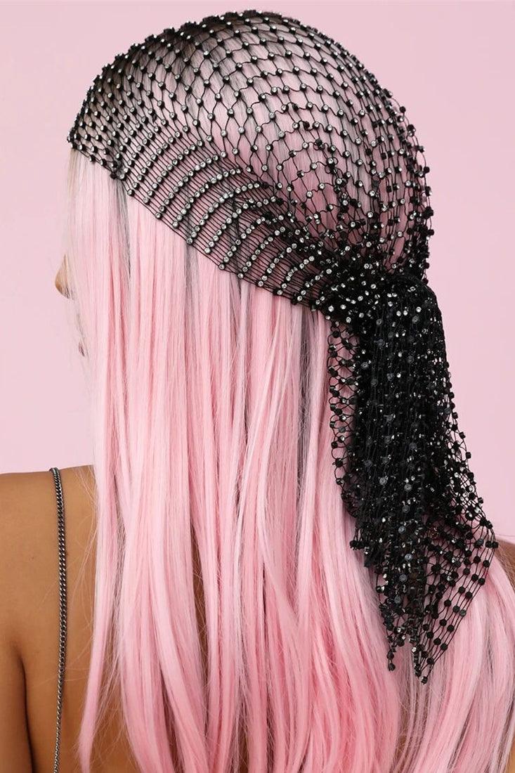 Blinged Out Black Rhinestone Mesh Headscarf - AMIClubwear