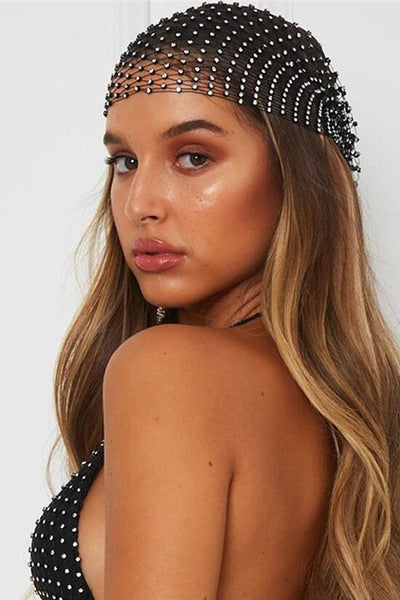 Blinged Out Black Rhinestone Mesh Headscarf - AMIClubwear