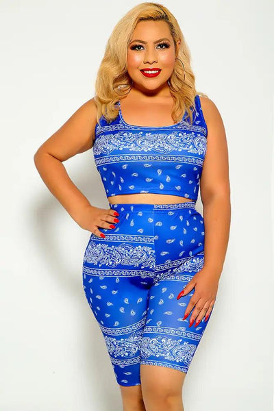 Blue Bandana Print Plus Size Two Piece Outfit - AMIClubwear