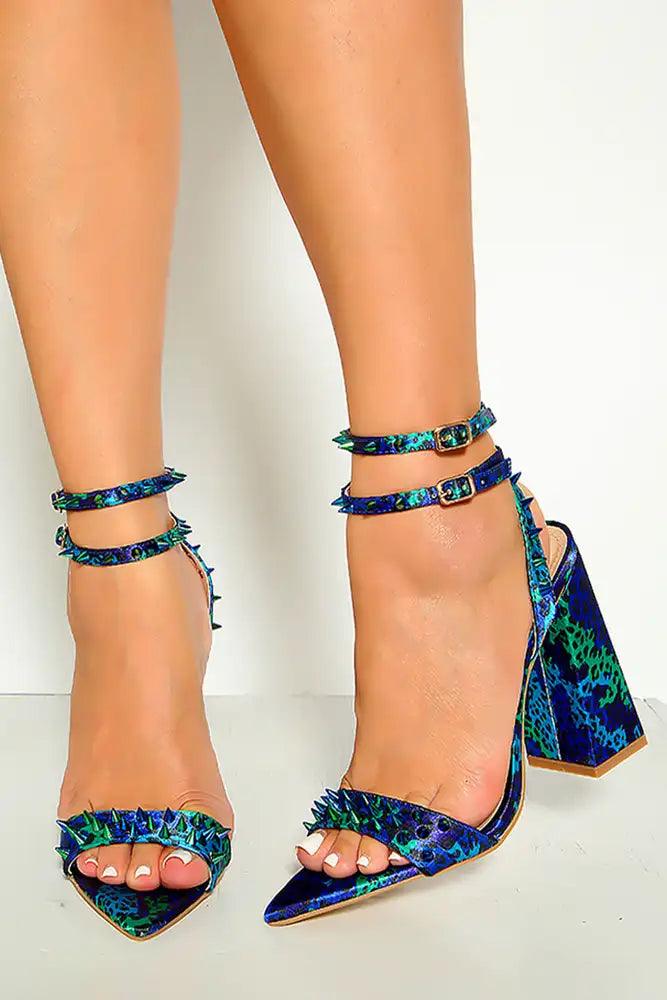 Blue Black Cheetah Spike Detail Pointy Toe High Heels - AMIClubwear