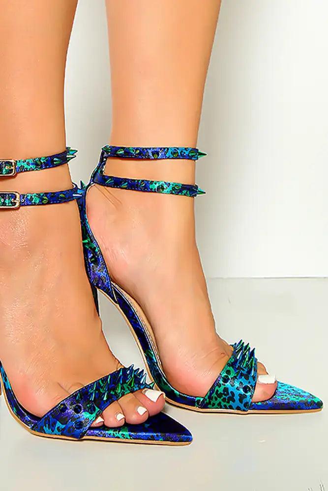 Blue Black Cheetah Spike Detail Pointy Toe High Heels - AMIClubwear