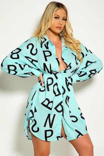 Blue Black Lettering Print Long Sleeve Button Up Dress - AMIClubwear