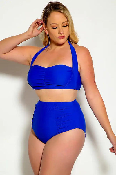 Blue Bold Halter Top Ruched High Waist Two Piece Swimsuit Plus - AMIClubwear