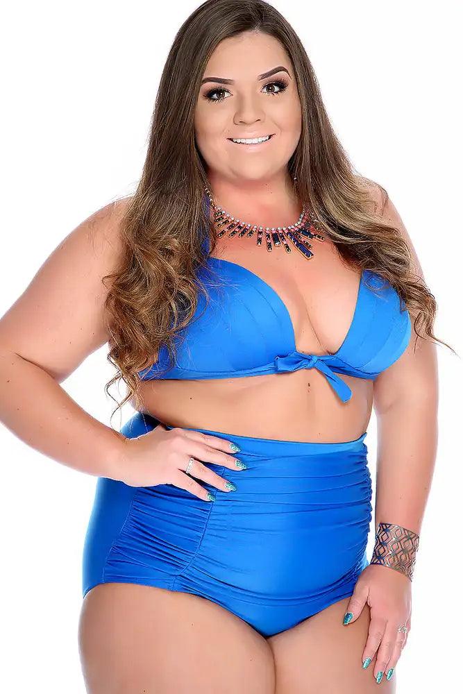 Blue Bold Pleated Halter Ruched High Waisted Two Piece Swimsuit Plus - AMIClubwear