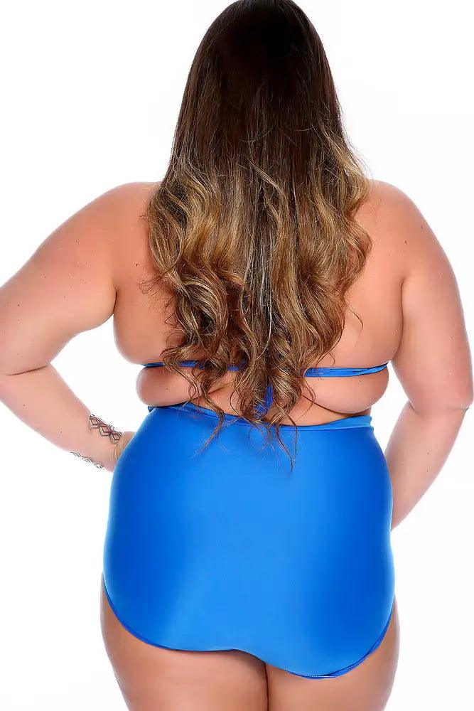 Blue Bold Pleated Halter Ruched High Waisted Two Piece Swimsuit Plus - AMIClubwear