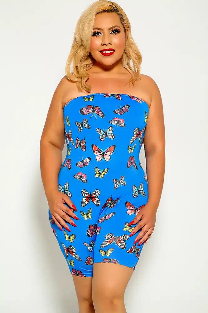 Blue Butterfly Print Strapless Plus Size Romper - AMIClubwear