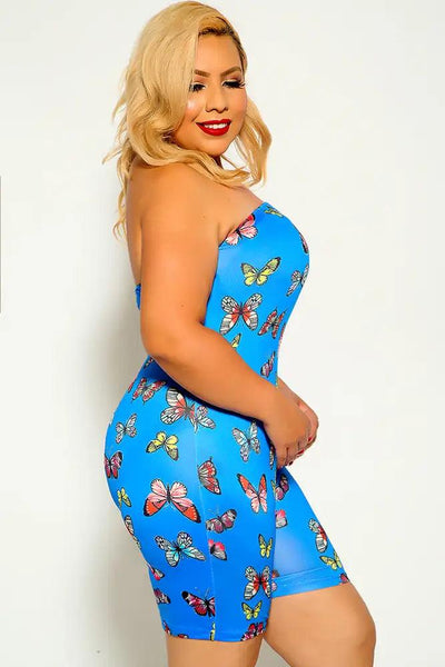 Blue Butterfly Print Strapless Plus Size Romper - AMIClubwear