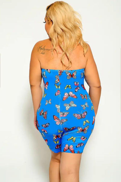 Blue Butterfly Print Strapless Plus Size Romper - AMIClubwear