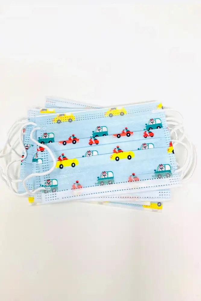 Blue Car Print 10 Piece Kids Face Masks - AMIClubwear