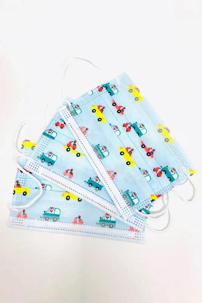 Blue Car Print 10 Piece Kids Face Masks - AMIClubwear