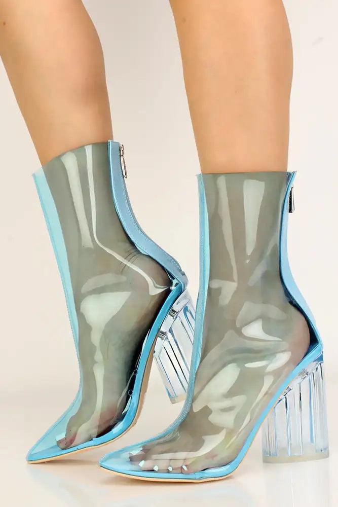 Blue Clear Pointy Toe Chunky Booties - AMIClubwear