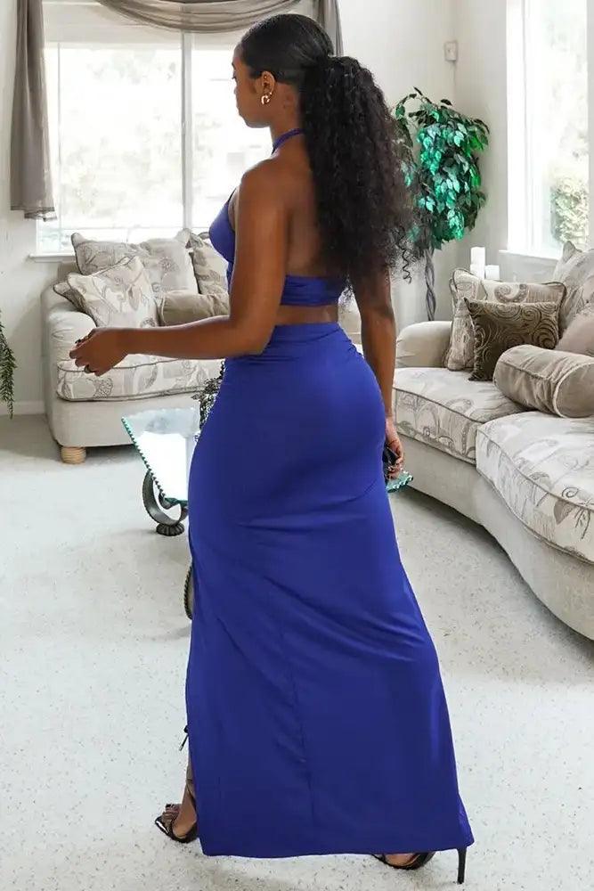 Blue Cross Halter O-Ring Detail Side Slit Ruched Maxi Two Piece Dress - AMIClubwear